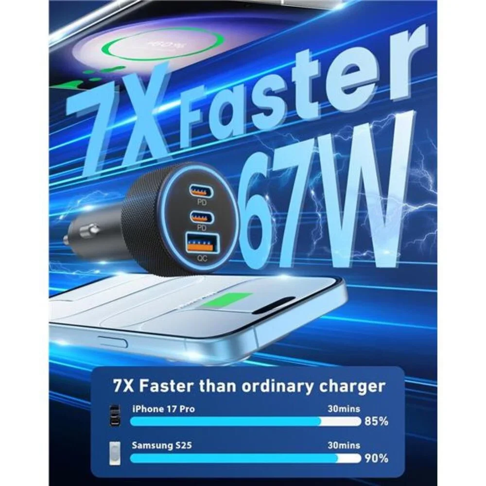 USB C Car Charger, 3-Port 67W Dual USB-C & USB-A Car Power Adapter PD/QC Fast